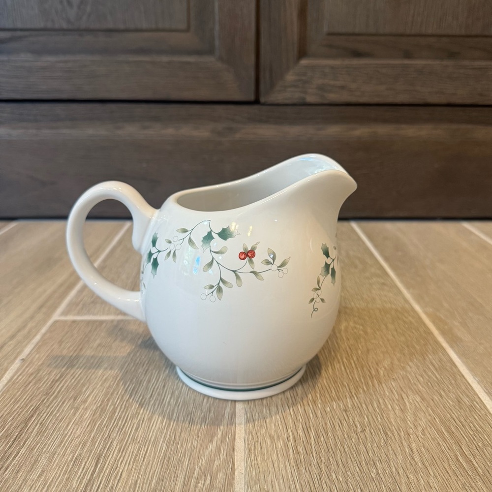 Pfaltzgraff White Creamer with Green Holly and Red Berry Motif
